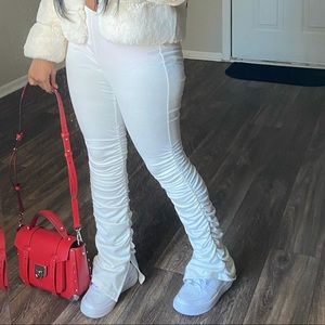White stacked pants